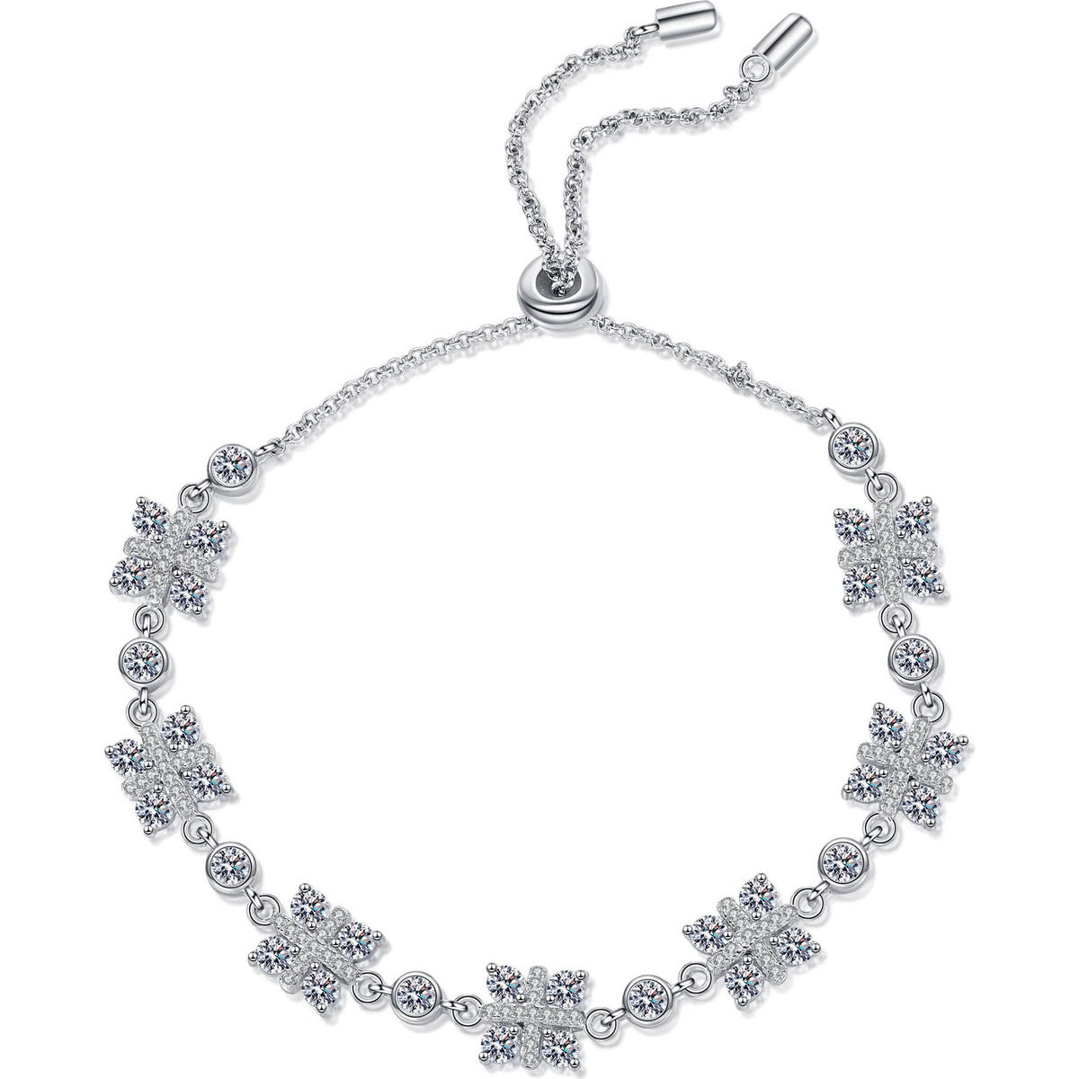 Clover Moissanite Adjustable Bracelet in Rhodium-Plated S925 sterling silver white background product photo showing bracelet shape and moissanite setting