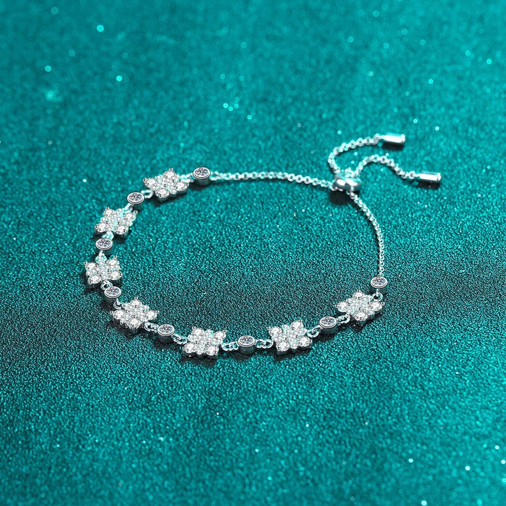 Clover Moissanite Adjustable Bracelet in Rhodium-Plated S925 sterling silver angled product display showing bracelet silhouette