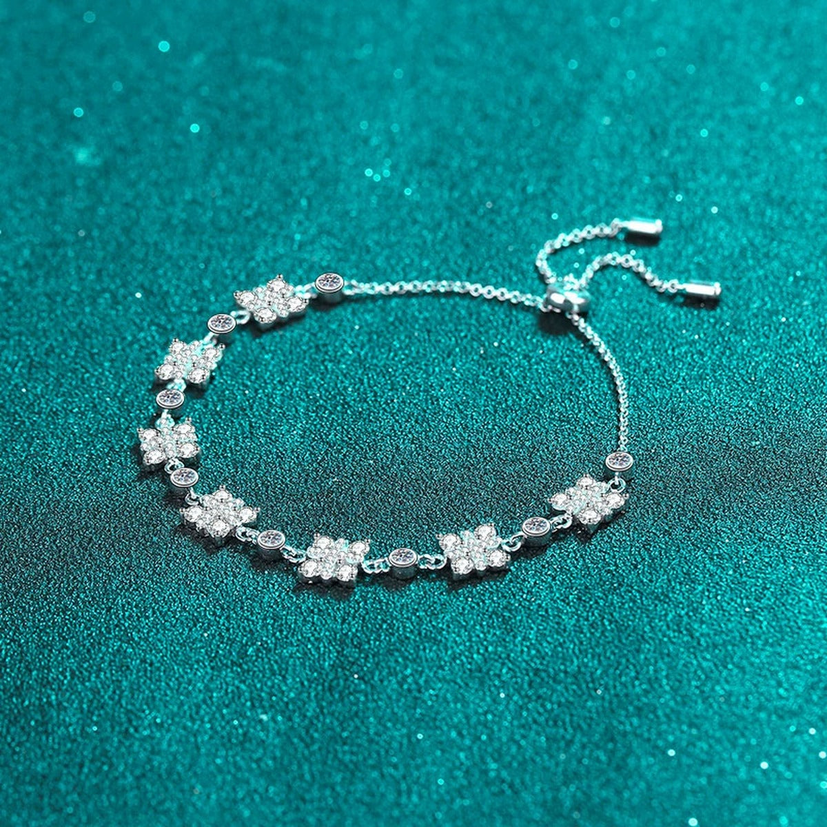 Clover Moissanite Adjustable Bracelet in Rhodium-Plated S925 sterling silver angled product display showing bracelet silhouette