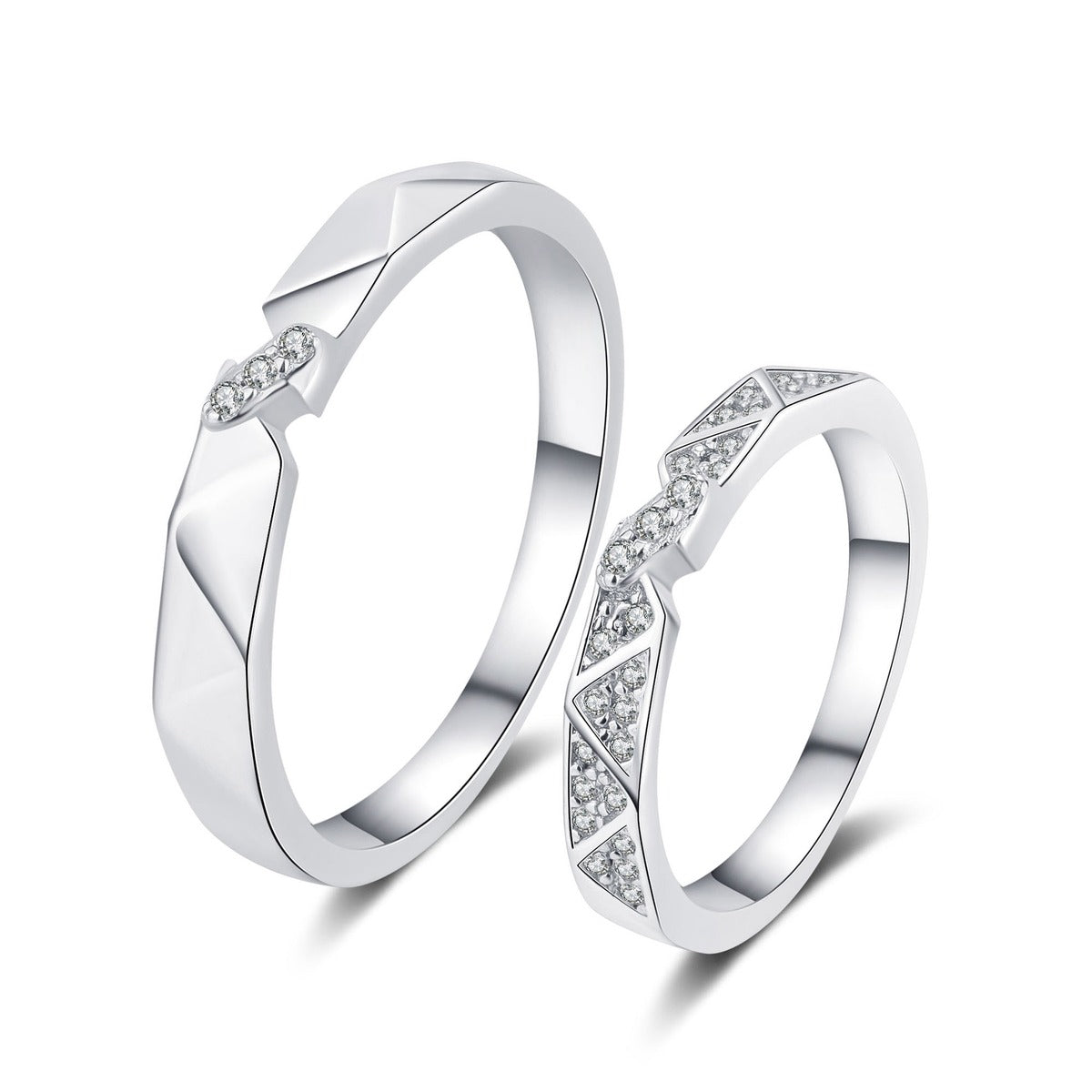 Couples Promise Ring Set in rhodium-plated S925 sterling silver on clean white background