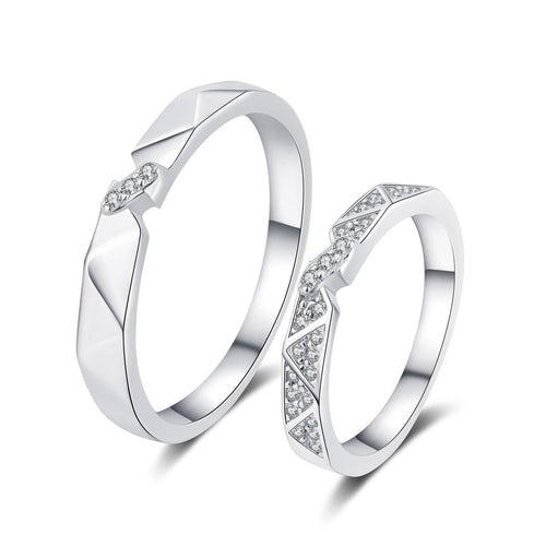 Couples Promise Ring Set in rhodium-plated S925 sterling silver on clean white background