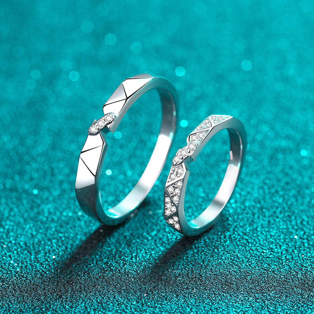Couples Promise Ring Set product view showing moissanite setting and rhodium finish
