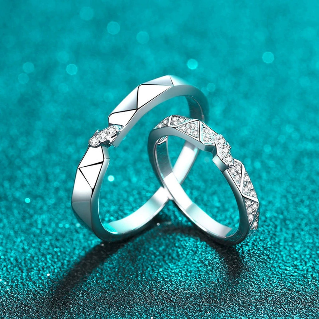 Couples Promise Ring Set product view showing moissanite setting and rhodium finish