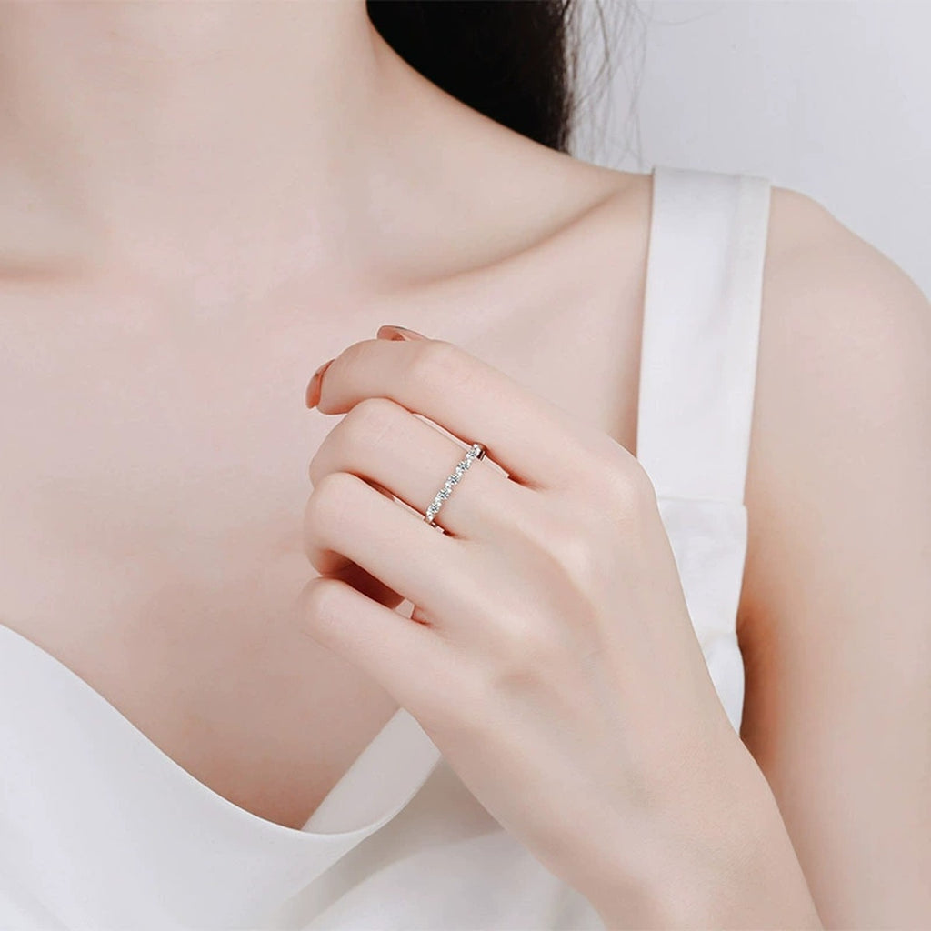 Round Moissanite Stackable Band Ring worn on hand to show scale and ring profile