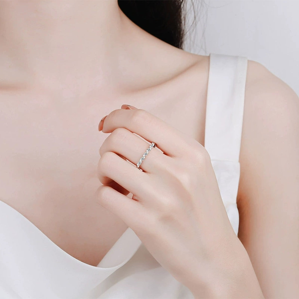 Round Moissanite Stackable Band Ring worn on hand to show scale and ring profile