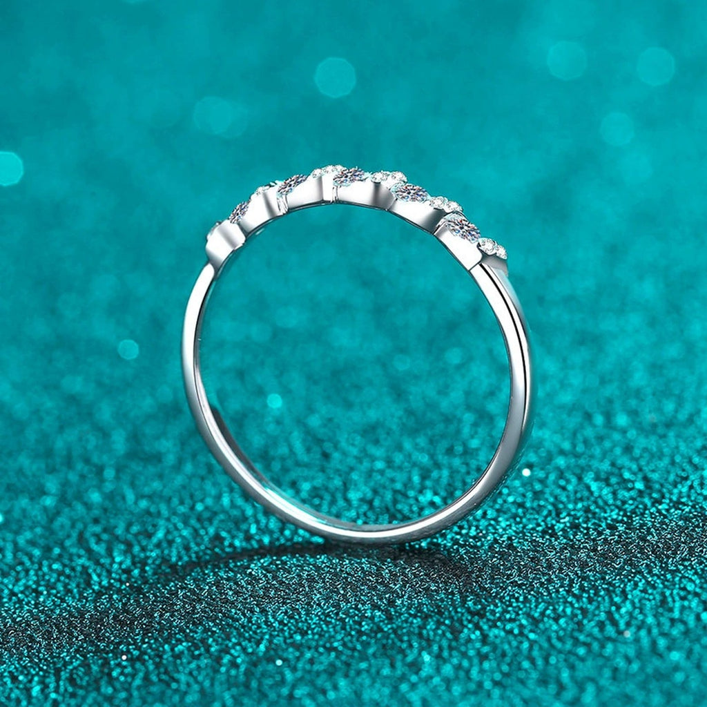 Round Moissanite Stackable Band Ring product view showing moissanite setting and rhodium finish