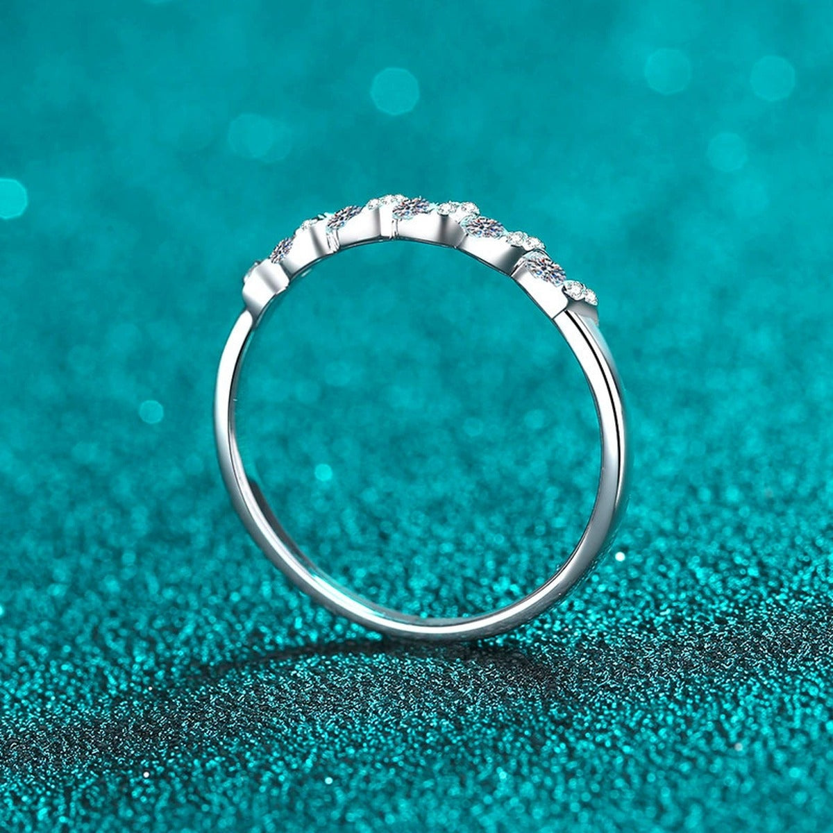 Round Moissanite Stackable Band Ring product view showing moissanite setting and rhodium finish