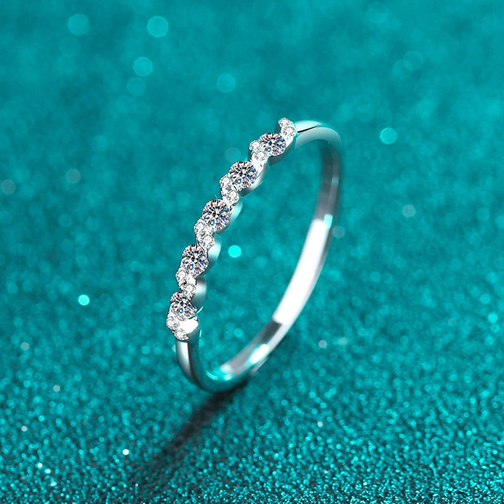 Round Moissanite Stackable Band Ring product view showing moissanite setting and rhodium finish