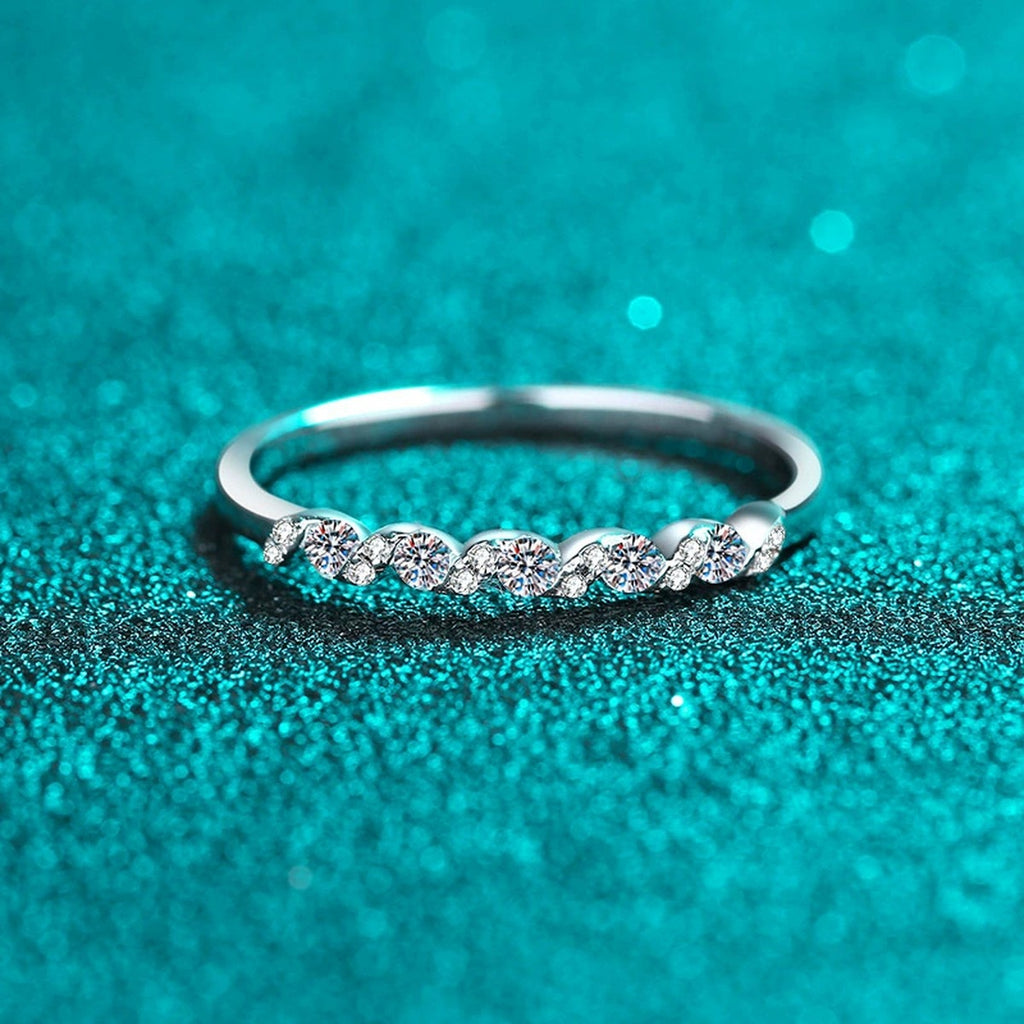 Round Moissanite Stackable Band Ring product view showing moissanite setting and rhodium finish