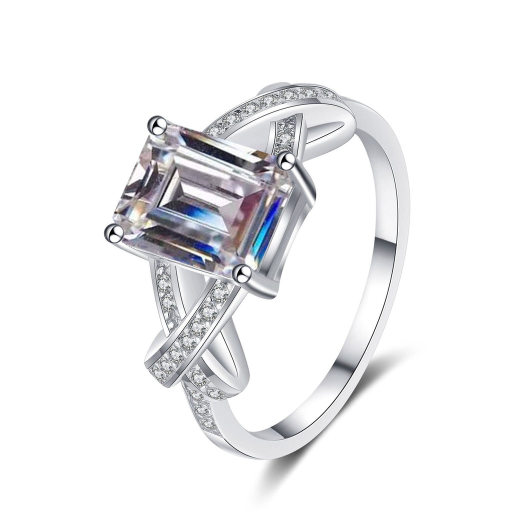 Emerald and Radiant Cut Moissanite Engagement Ring with CZ in Rhodium-Plated S925 Sterling Silver white background detail photo showing the stone setting and polished ring design