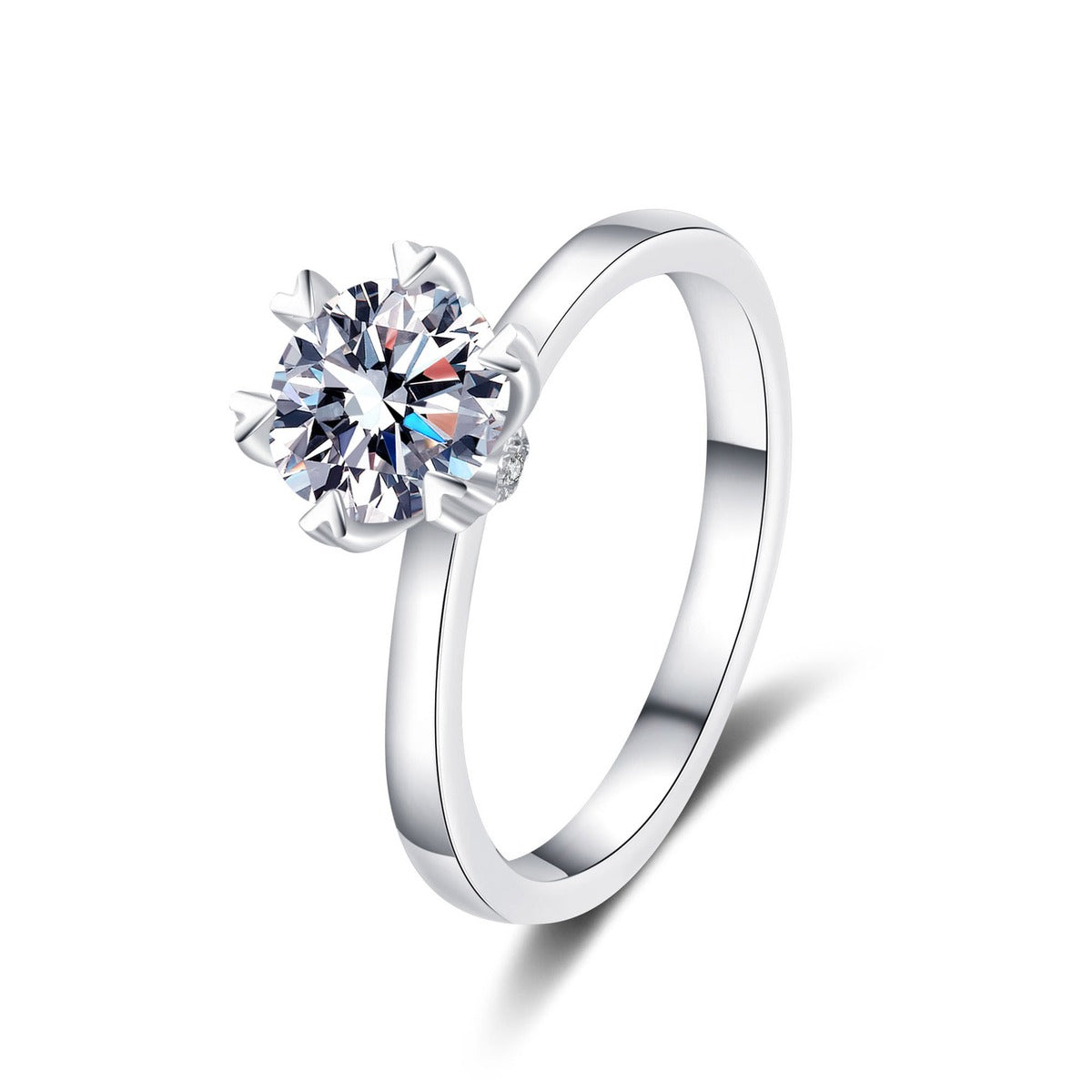 Round Moissanite Side Stone Engagement Ring with CZ in Rhodium-Plated S925 Sterling Silver clean white background product photo showing the ring silhouette and moissanite setting
