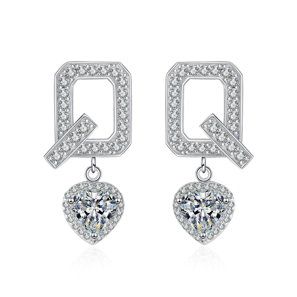 Heart Moissanite Stud Dangle Earrings with CZ in Rhodium-Plated S925 sterling silver white background product photo showing the pair, stone shape, and stud dangle earrings silhouette