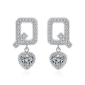 Heart Moissanite Stud Dangle Earrings with CZ in Rhodium-Plated S925 sterling silver white background product photo showing the pair, stone shape, and stud dangle earrings silhouette