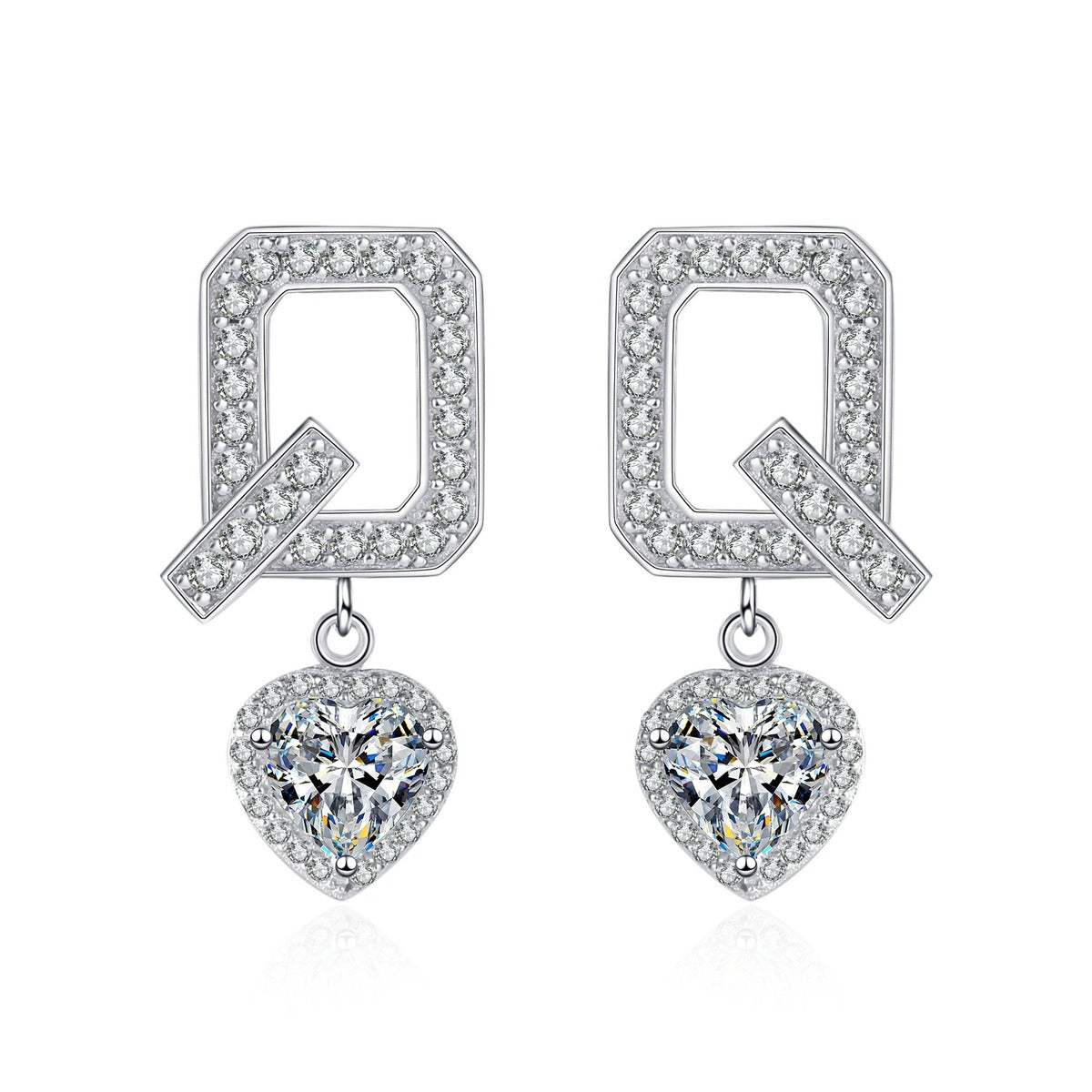 Heart Moissanite Stud Dangle Earrings with CZ in Rhodium-Plated S925 sterling silver white background product photo showing the pair, stone shape, and stud dangle earrings silhouette