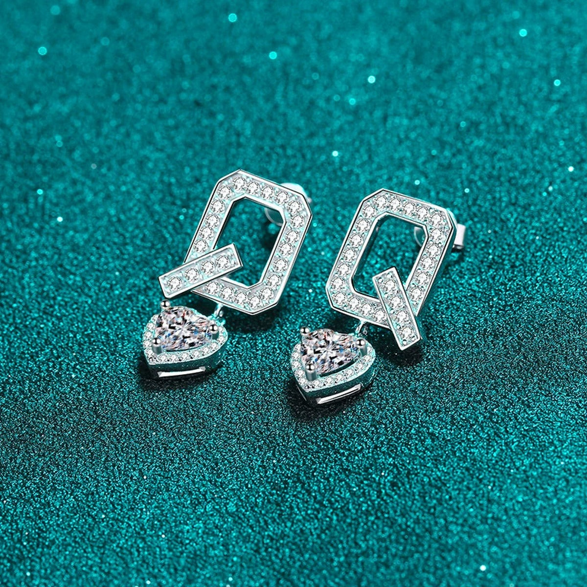 Heart Moissanite Stud Dangle Earrings with CZ in Rhodium-Plated S925 sterling silver product scene view showing front sparkle
