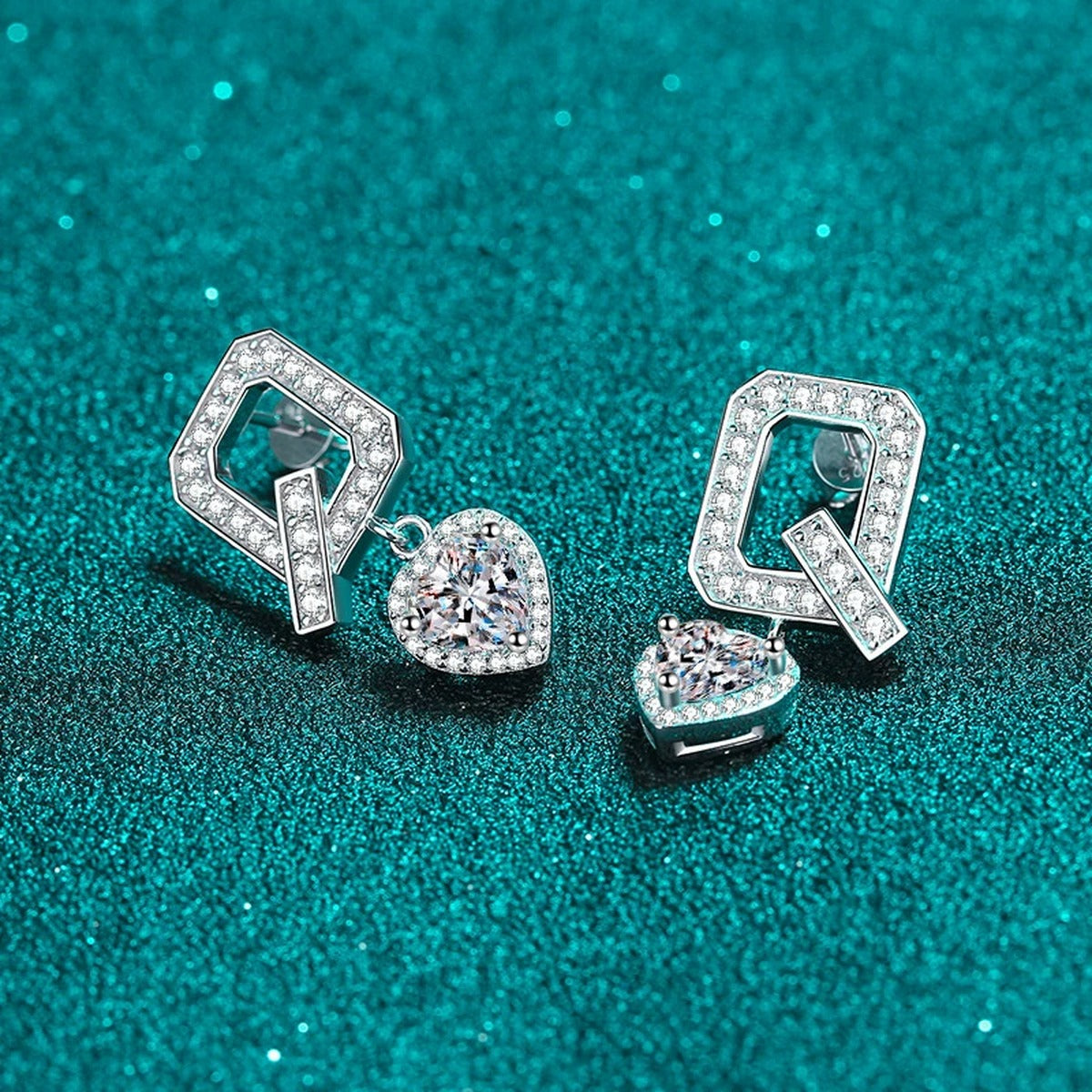 Heart Moissanite Stud Dangle Earrings with CZ in Rhodium-Plated S925 sterling silver product scene view showing side profile