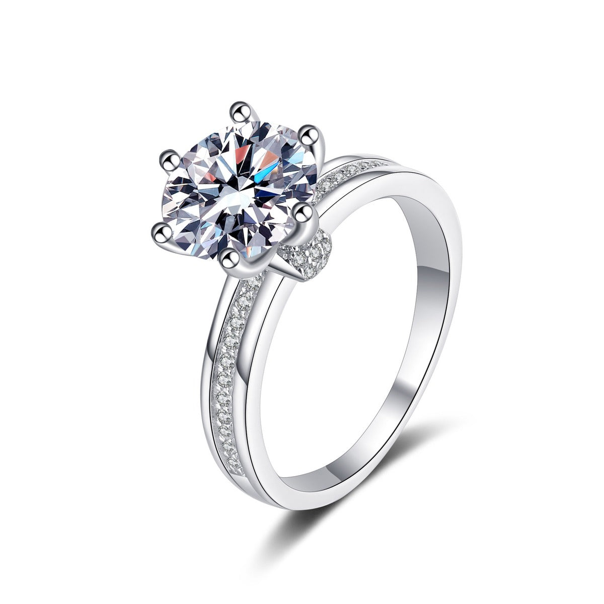Round Moissanite Ring with CZ in rhodium-plated S925 sterling silver on clean white background