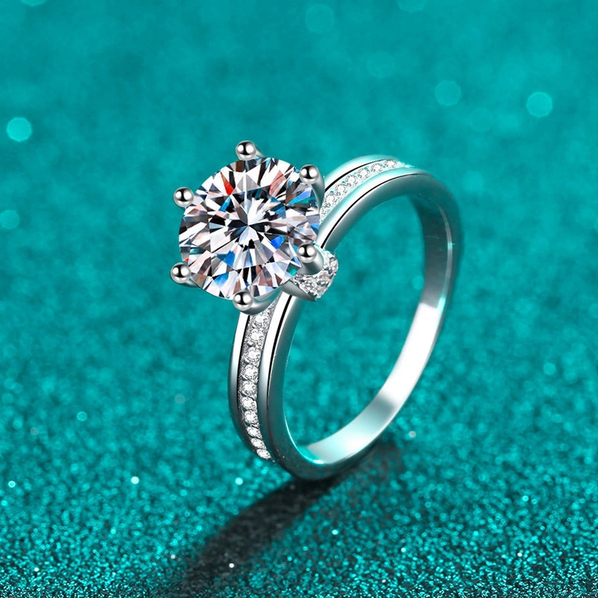 Round Moissanite Ring with CZ product view showing moissanite setting and rhodium finish
