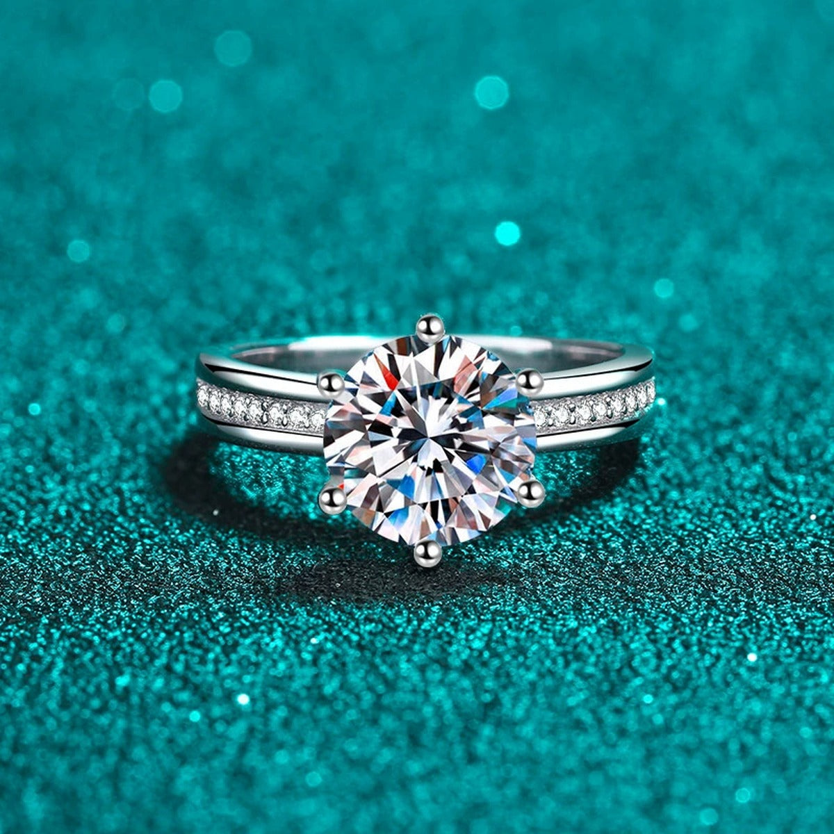 Round Moissanite Ring with CZ product view showing moissanite setting and rhodium finish