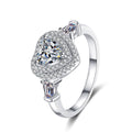 Heart Cut Moissanite Side Stone Engagement Ring with CZ in Rhodium-Plated S925 Sterling Silver clean white background product photo showing the ring silhouette and moissanite setting
