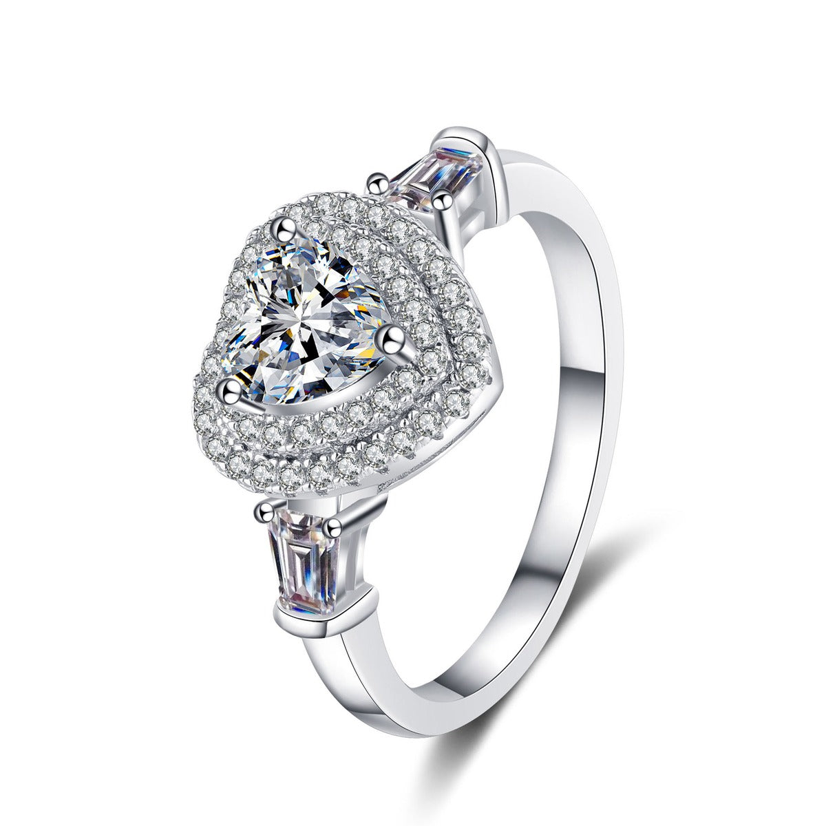 Heart Cut Moissanite Side Stone Engagement Ring with CZ in Rhodium-Plated S925 Sterling Silver clean white background product photo showing the ring silhouette and moissanite setting