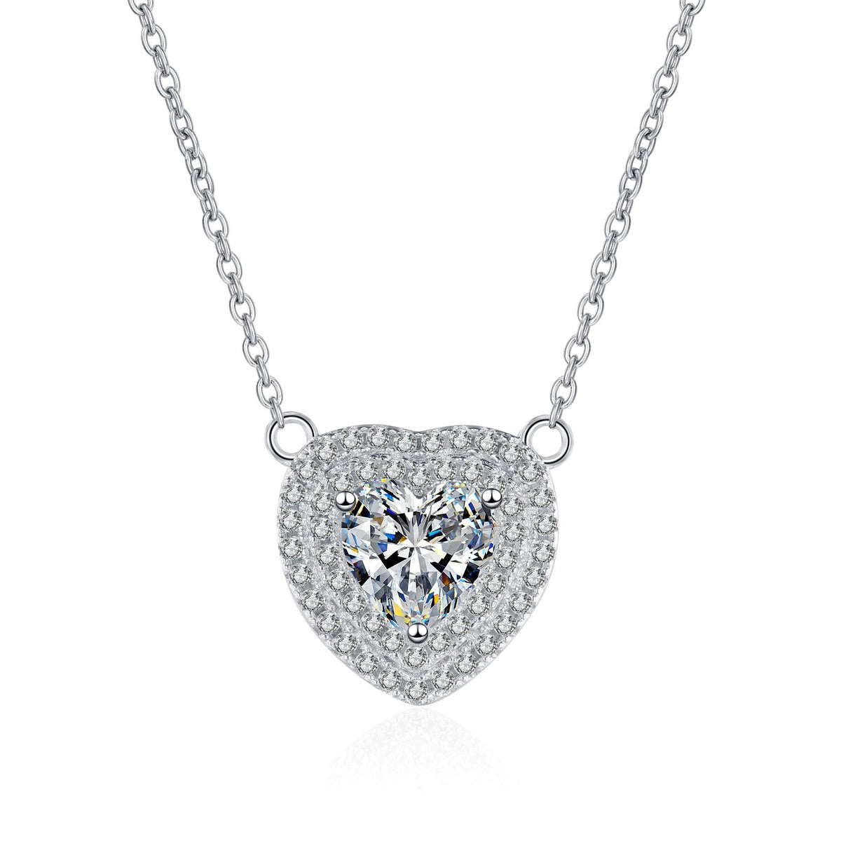 Heart Cut Moissanite Pendant Necklace with CZ in Rhodium-Plated S925 sterling silver on white background showing pendant shape and round moissanite
