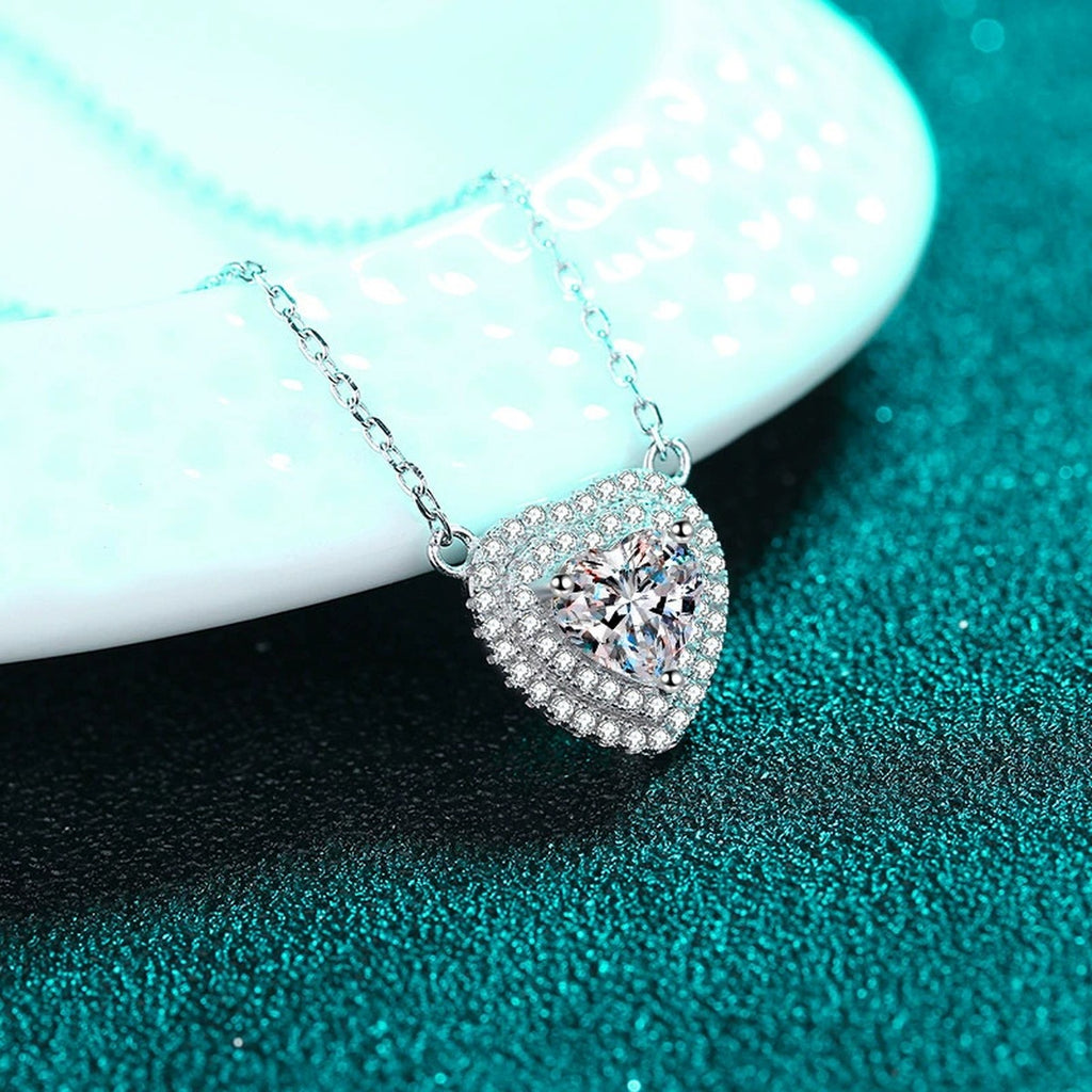 Heart Cut Moissanite Pendant Necklace with CZ in Rhodium-Plated S925 sterling silver product scene view showing pendant detail