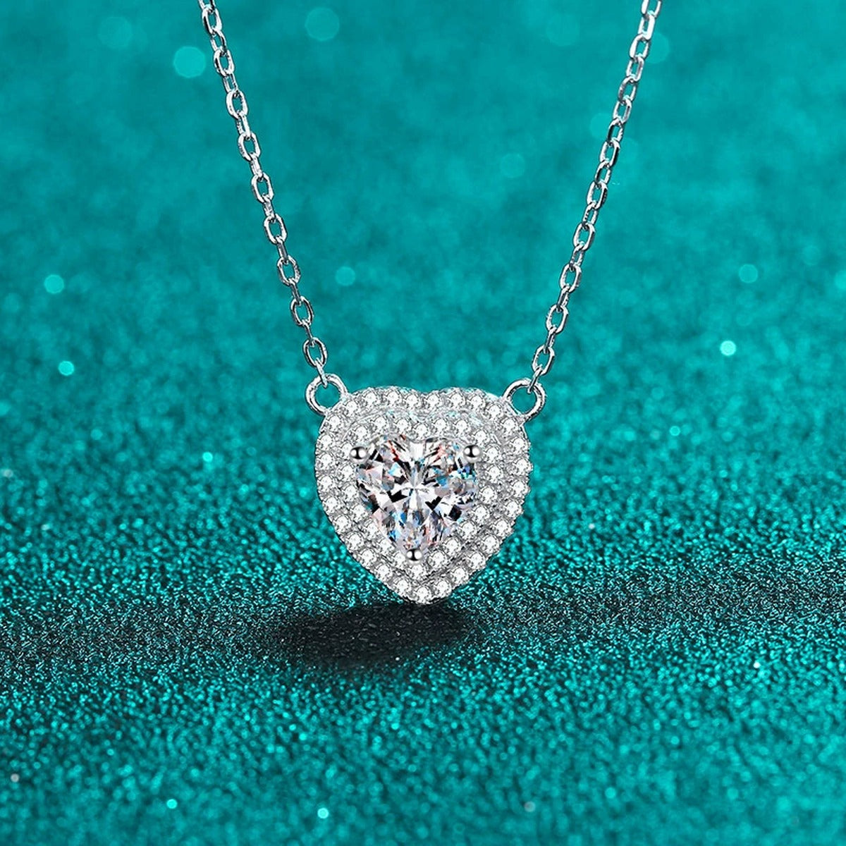 Heart Cut Moissanite Pendant Necklace with CZ in Rhodium-Plated S925 sterling silver product scene view showing chain and setting detail