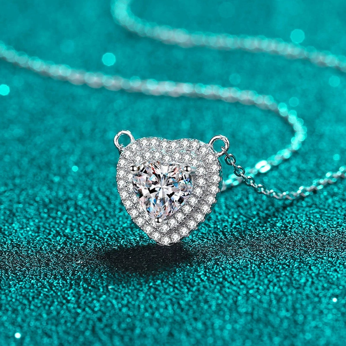 Heart Cut Moissanite Pendant Necklace with CZ in Rhodium-Plated S925 sterling silver product scene view showing angled sparkle