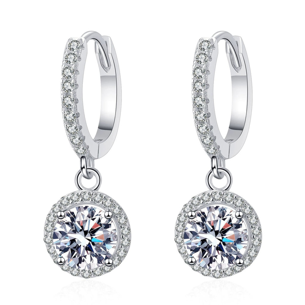 Round Halo Moissanite Hoop Dangle Earrings with CZ in Rhodium-Plated S925 sterling silver white background product photo showing the pair, stone shape, and hoop dangle earrings silhouette