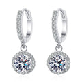 Round Halo Moissanite Hoop Dangle Earrings with CZ in Rhodium-Plated S925 sterling silver white background product photo showing the pair, stone shape, and hoop dangle earrings silhouette