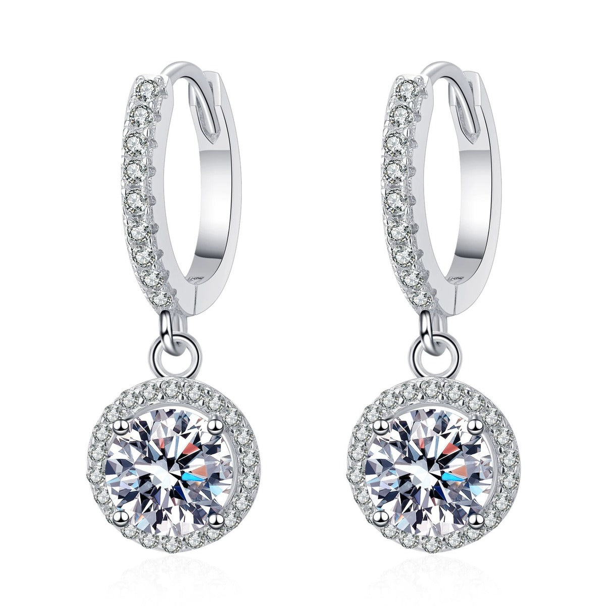 Round Halo Moissanite Hoop Dangle Earrings with CZ in Rhodium-Plated S925 sterling silver white background product photo showing the pair, stone shape, and hoop dangle earrings silhouette