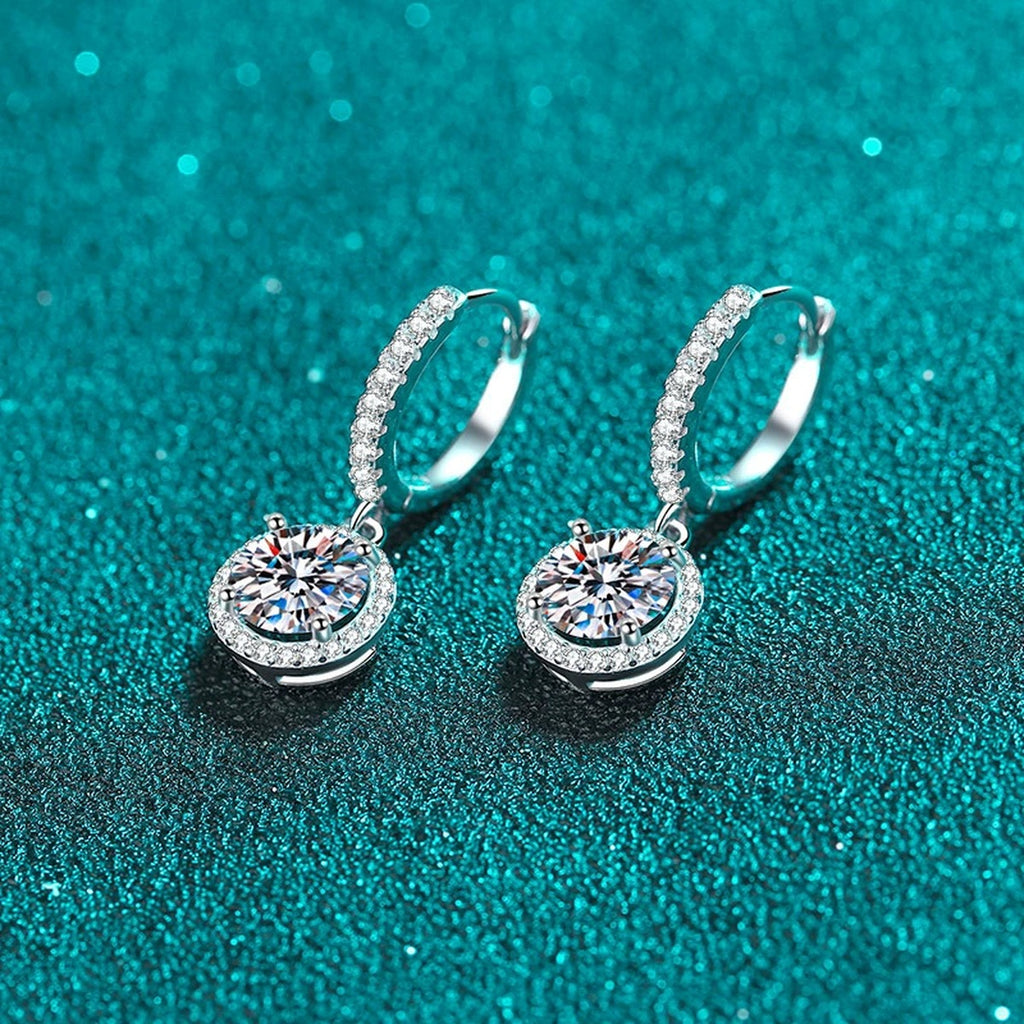 Round Halo Moissanite Hoop Dangle Earrings with CZ in Rhodium-Plated S925 sterling silver product scene view showing front sparkle, moissanite setting, and hoop dangle earrings design
