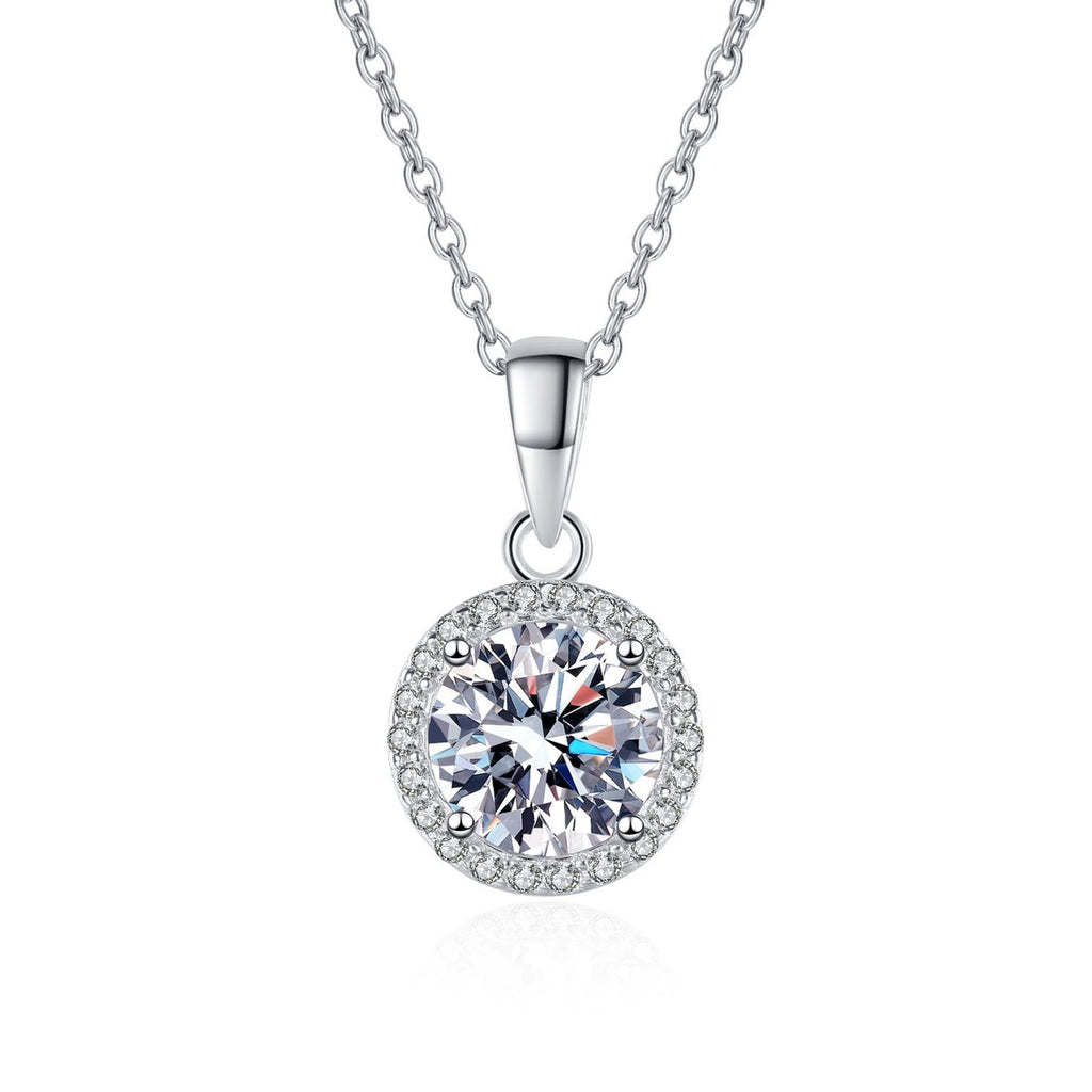 Round Halo Moissanite Pendant Necklace with CZ in Rhodium-Plated S925 sterling silver on white background showing pendant shape and round moissanite