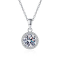 Round Halo Moissanite Pendant Necklace with CZ in Rhodium-Plated S925 sterling silver on white background showing pendant shape and round moissanite
