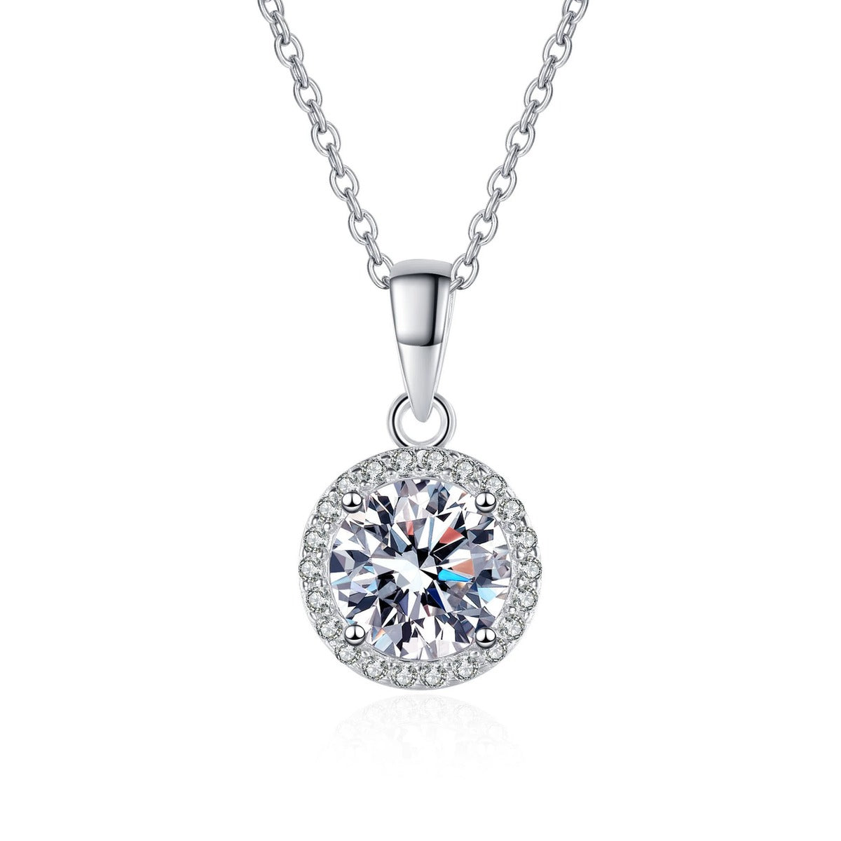 Round Halo Moissanite Pendant Necklace with CZ in Rhodium-Plated S925 sterling silver on white background showing pendant shape and round moissanite