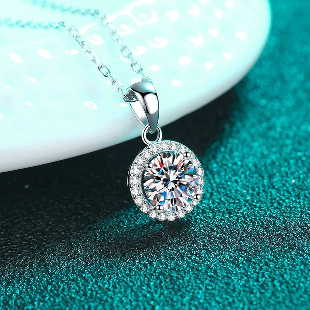 Round Halo Moissanite Pendant Necklace with CZ in Rhodium-Plated S925 sterling silver product scene view showing pendant detail
