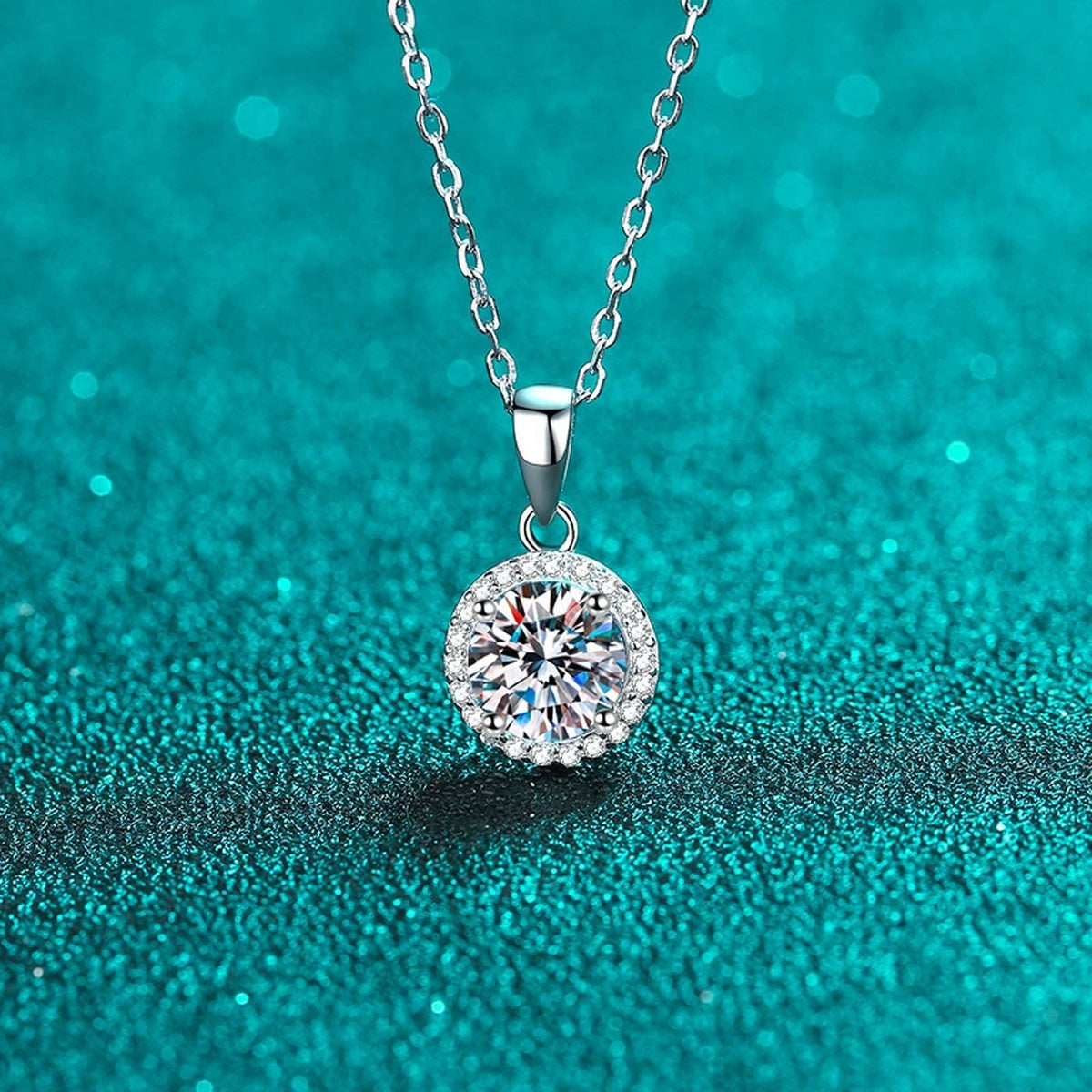 Round Halo Moissanite Pendant Necklace with CZ in Rhodium-Plated S925 sterling silver product scene view showing chain and setting detail