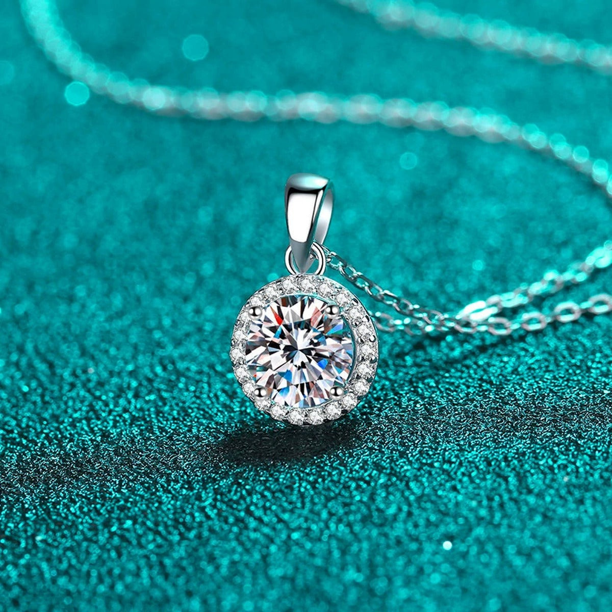 Round Halo Moissanite Pendant Necklace with CZ in Rhodium-Plated S925 sterling silver product scene view showing angled sparkle