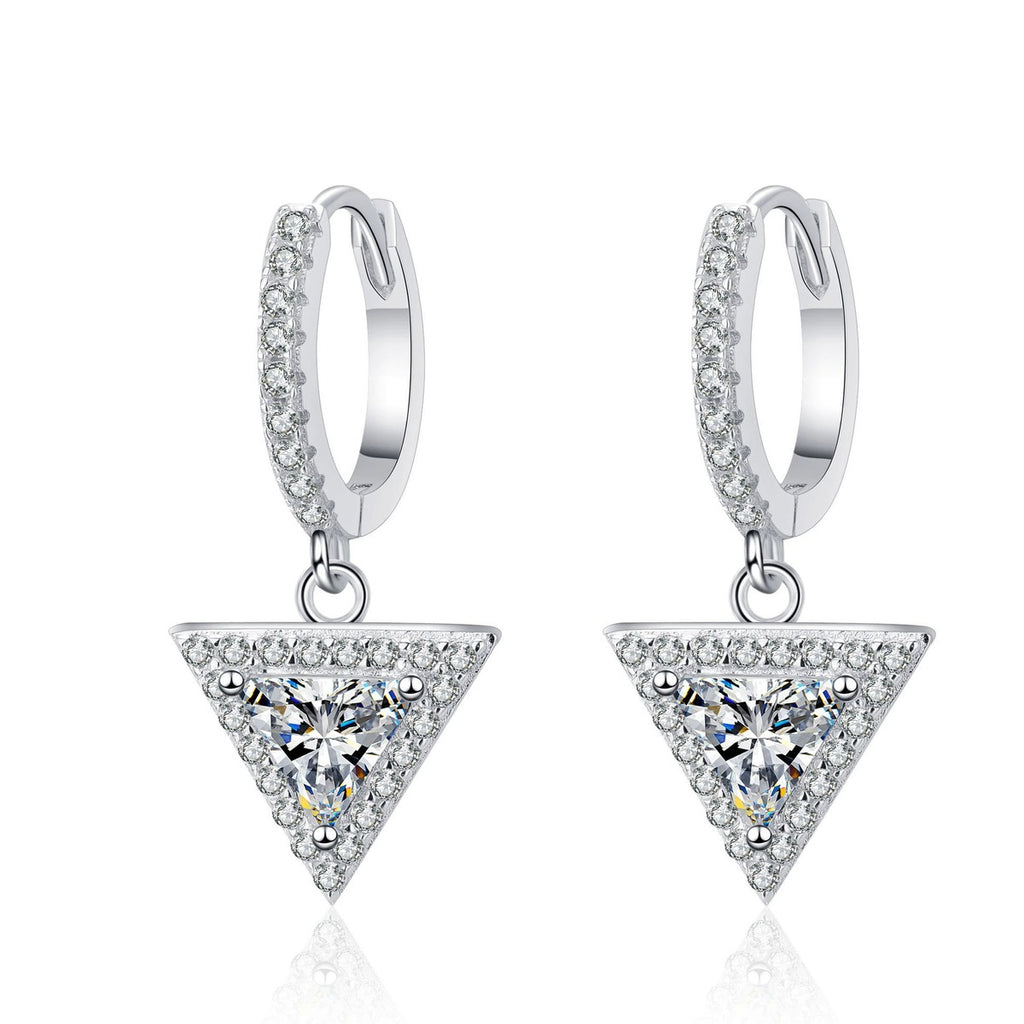Trillion Moissanite Hoop Dangle Earrings with CZ in Rhodium-Plated S925 sterling silver white background product photo showing the pair, stone shape, and hoop dangle earrings silhouette