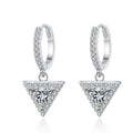 Trillion Moissanite Hoop Dangle Earrings with CZ in Rhodium-Plated S925 sterling silver white background product photo showing the pair, stone shape, and hoop dangle earrings silhouette