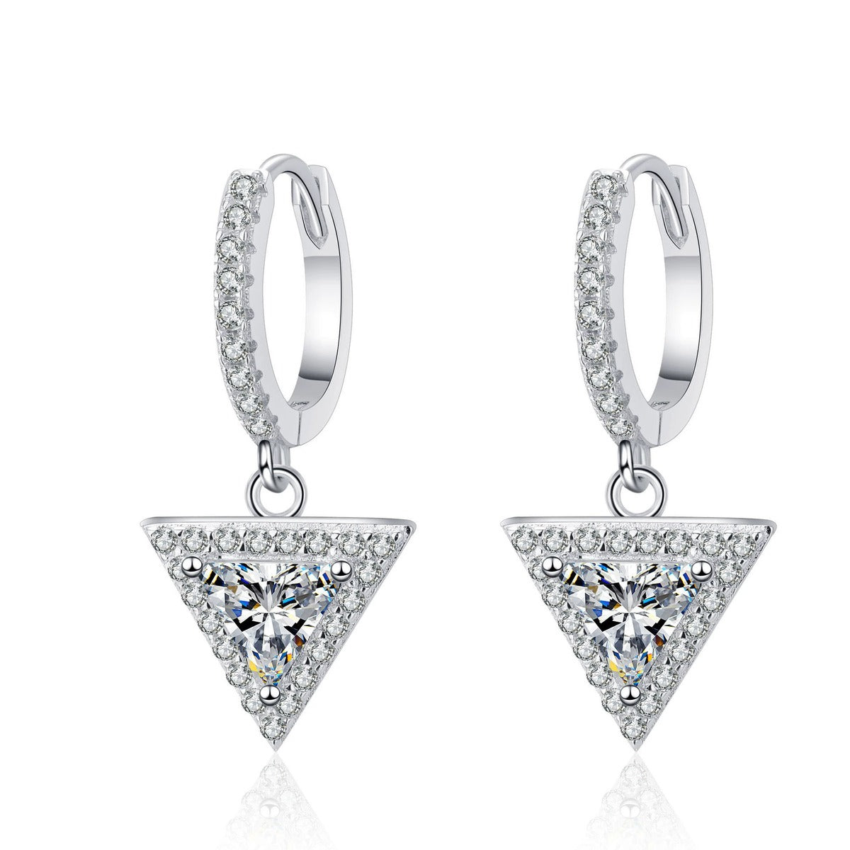 Trillion Moissanite Hoop Dangle Earrings with CZ in Rhodium-Plated S925 sterling silver white background product photo showing the pair, stone shape, and hoop dangle earrings silhouette