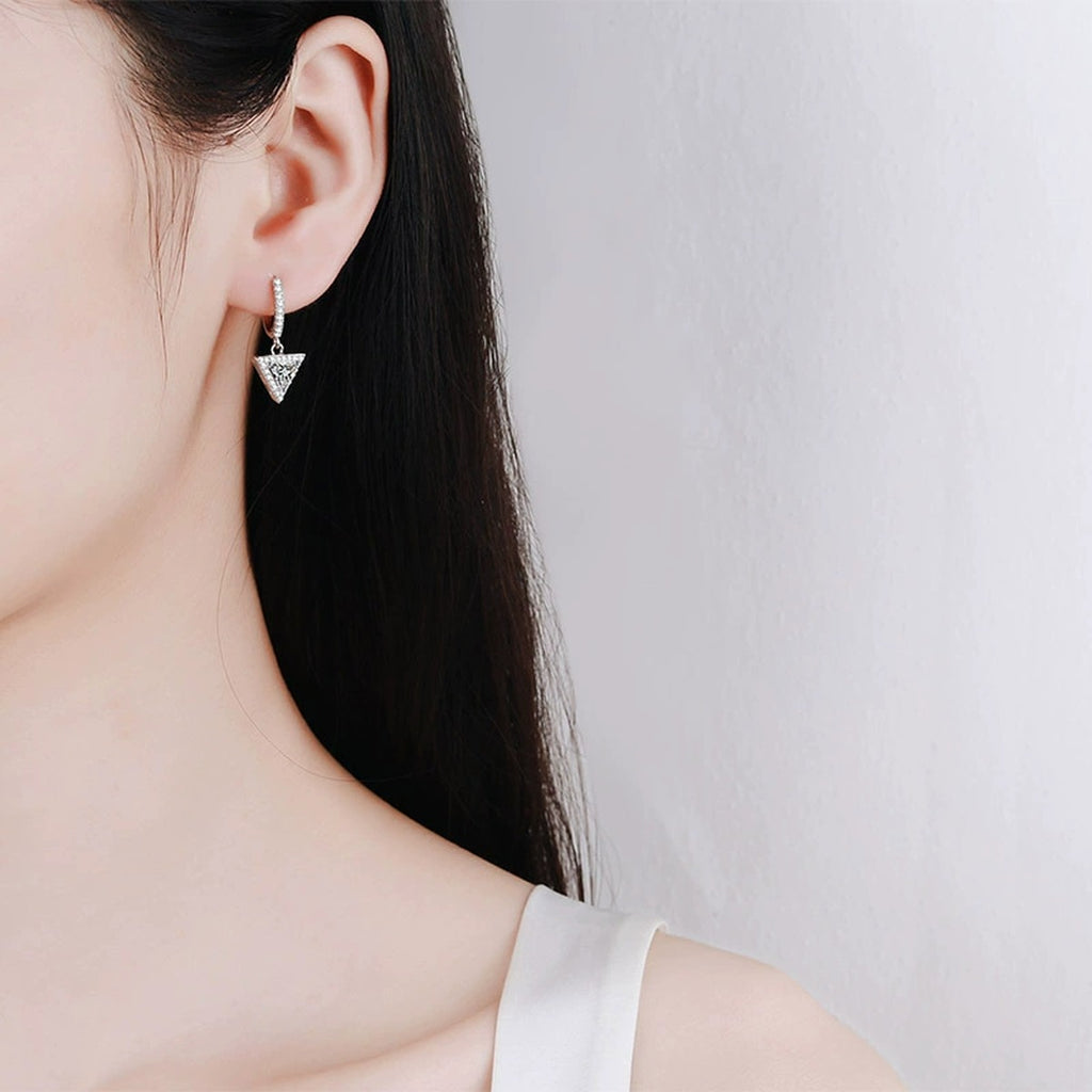 Trillion Moissanite Hoop Dangle Earrings with CZ in Rhodium-Plated S925 sterling silver worn on ear by model showing scale, placement, and hoop dangle earrings styling