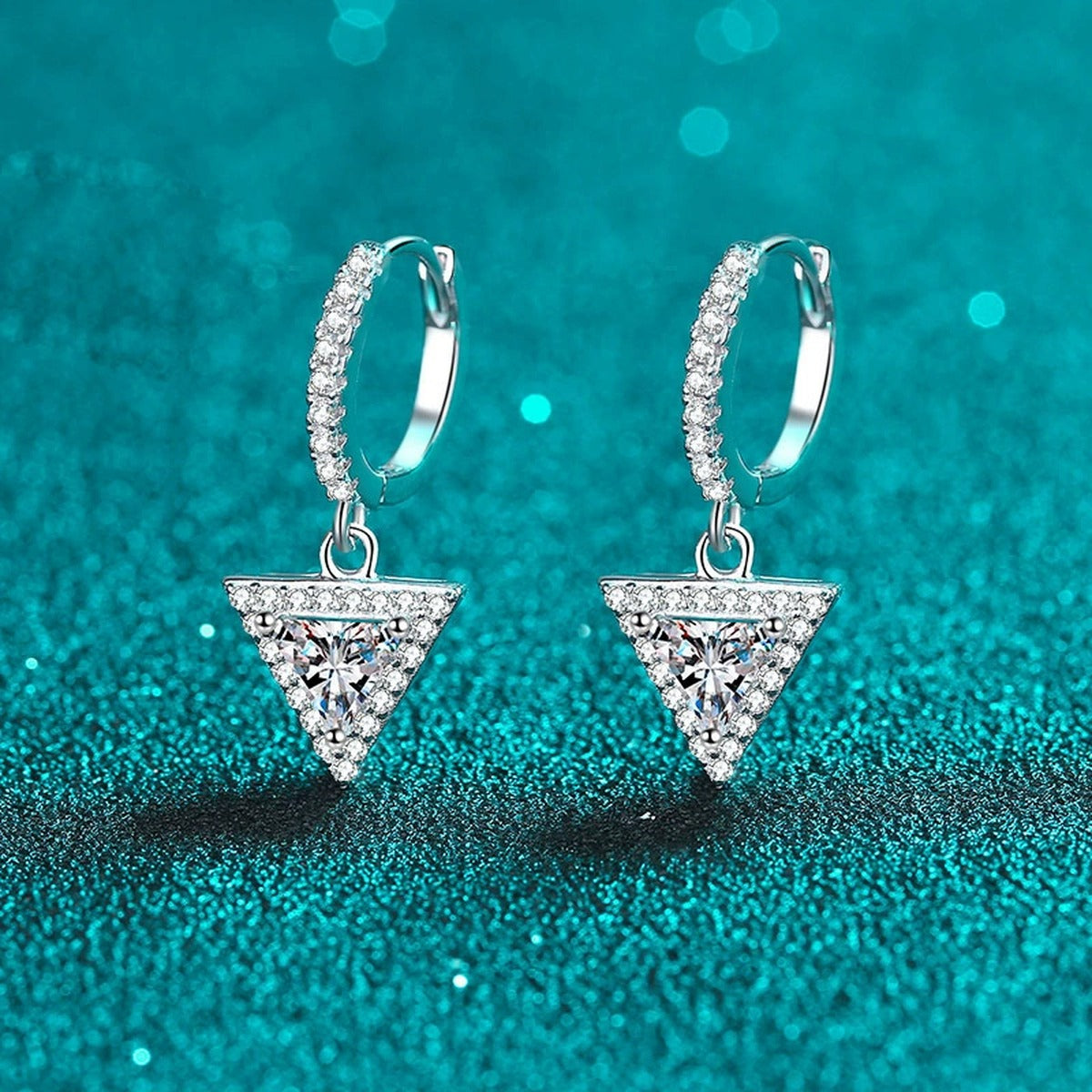 Trillion Moissanite Hoop Dangle Earrings with CZ in Rhodium-Plated S925 sterling silver product scene view showing front sparkle, moissanite setting, and hoop dangle earrings design