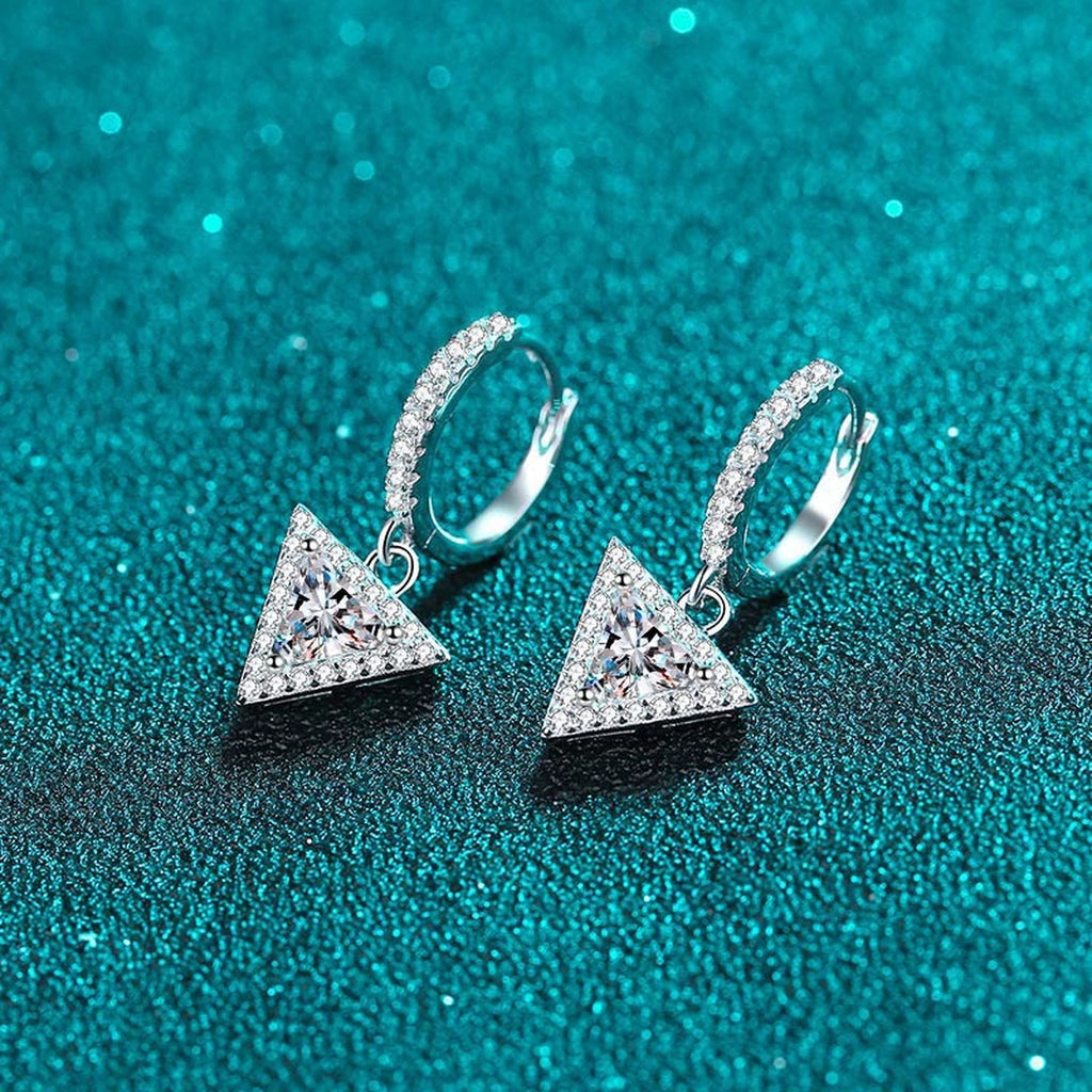 Trillion Moissanite Hoop Dangle Earrings with CZ in Rhodium-Plated S925 sterling silver product scene view showing angled setting detail, moissanite setting, and hoop dangle earrings design