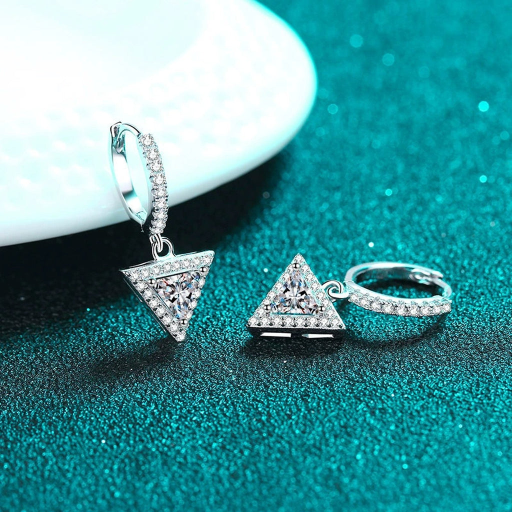 Trillion Moissanite Hoop Dangle Earrings with CZ in Rhodium-Plated S925 sterling silver product scene view showing side profile, moissanite setting, and hoop dangle earrings design