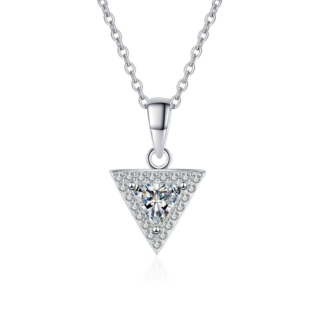 Trillion Cut Moissanite Pendant Necklace with CZ in Rhodium-Plated S925 sterling silver on white background showing pendant shape and round moissanite