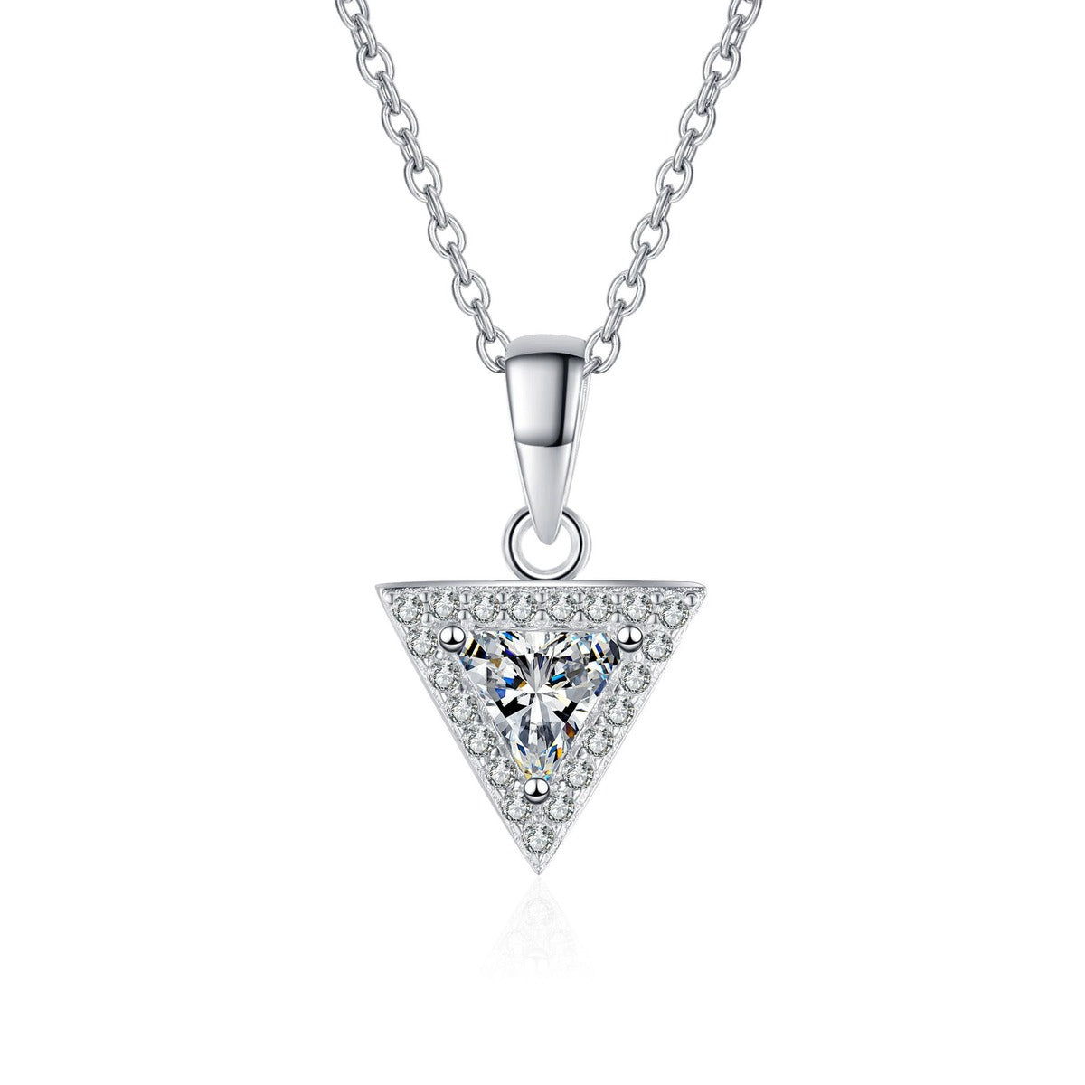 Trillion Cut Moissanite Pendant Necklace with CZ in Rhodium-Plated S925 sterling silver on white background showing pendant shape and round moissanite