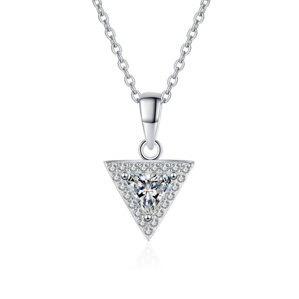 Trillion Cut Moissanite Pendant Necklace with CZ in Rhodium-Plated S925 sterling silver on white background showing pendant shape and round moissanite