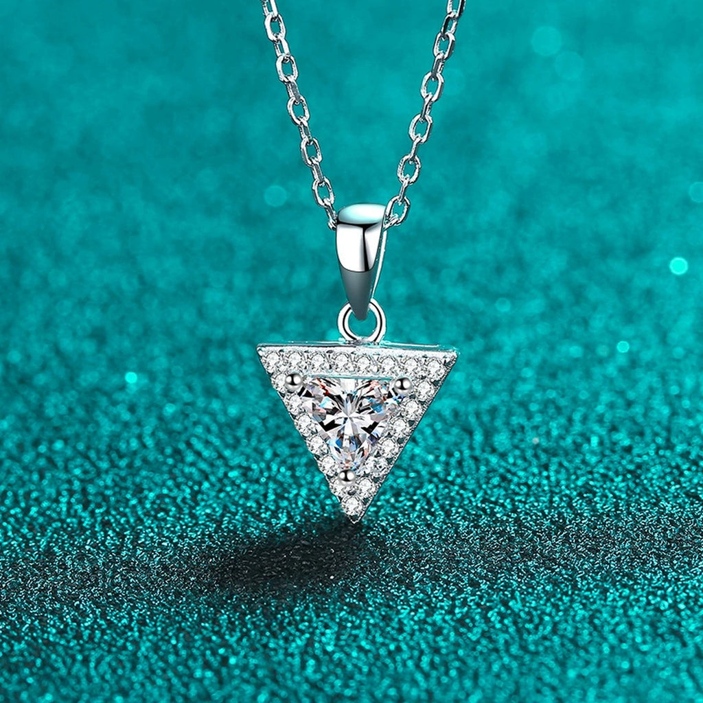 Trillion Cut Moissanite Pendant Necklace with CZ in Rhodium-Plated S925 sterling silver product scene view showing pendant detail